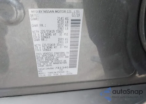 2019 Nissan Rogue Sl из США, поврежденный, VIN 5N1AT2MV0KC781340